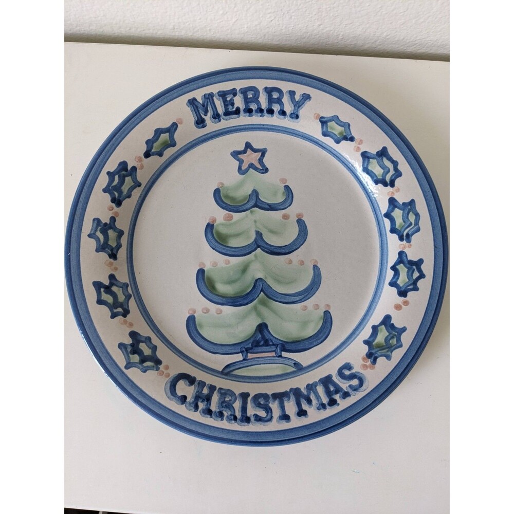 M A Hadley Merry Christmas Tree Pottery Dinner Plate Hand Painted Stoneware VTG